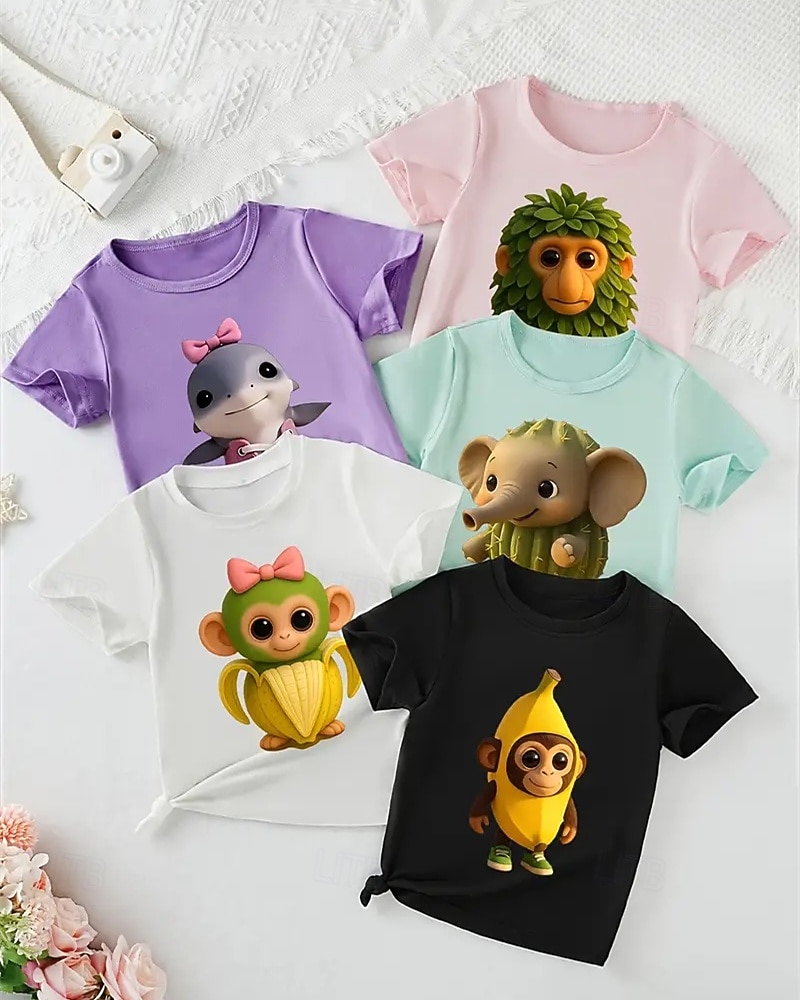 2025年 男の子用おもしろイタリアンブレインロットグラフィックTシャツ5枚セット。かわいい小さなブレインロット、サメ、靴、タイヤ、カエル、バナナ、ゴリラ、コーヒー、忍者、トレの漫画プリントが特徴の男の子用夏用半袖Tシャツ5枚セット。 コレクション – $11.99 –P1