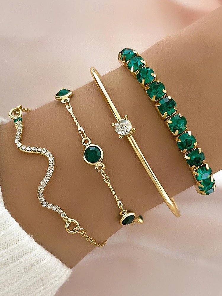 Set de brățări pentru femei cu cristale verzi aurii – 4 bijuterii elegante din aliaj cu lanț reglabil, accesorii la modă pentru petreceri, nunți și ocazii speciale 2025 - $9.99 –P2