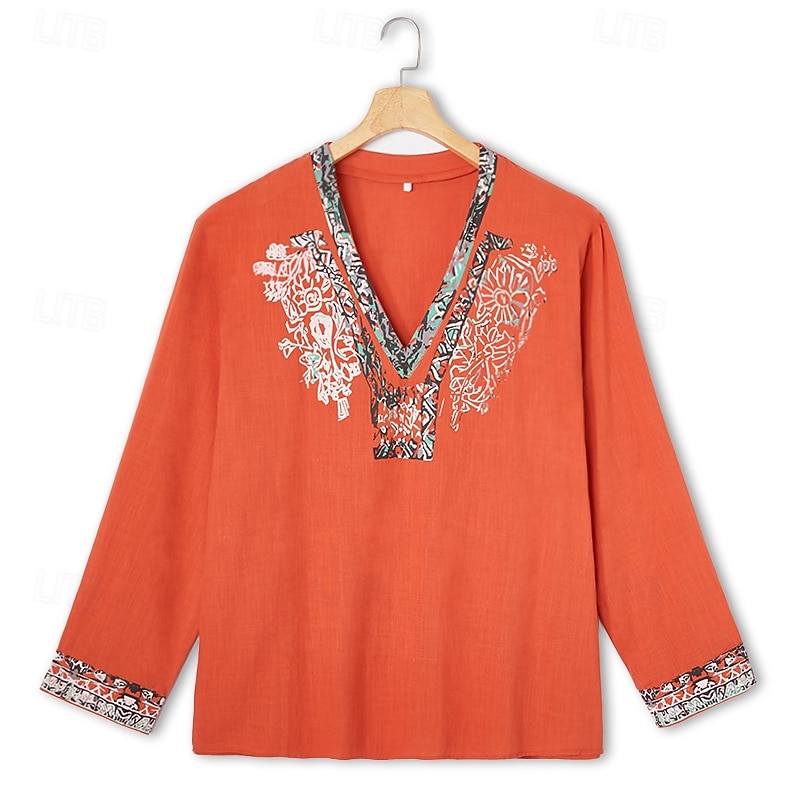 2026年 男性用 ポップオーバー シャツ サマーシャツ ビーチウェア ヴィンテージシャツ エスニックシャツ 花 バケーション 祝日 イエロー ブルー オレンジ ブラウン 長袖 Ｖネック 夏 春 衣類  コレクション – $25.99 –P10