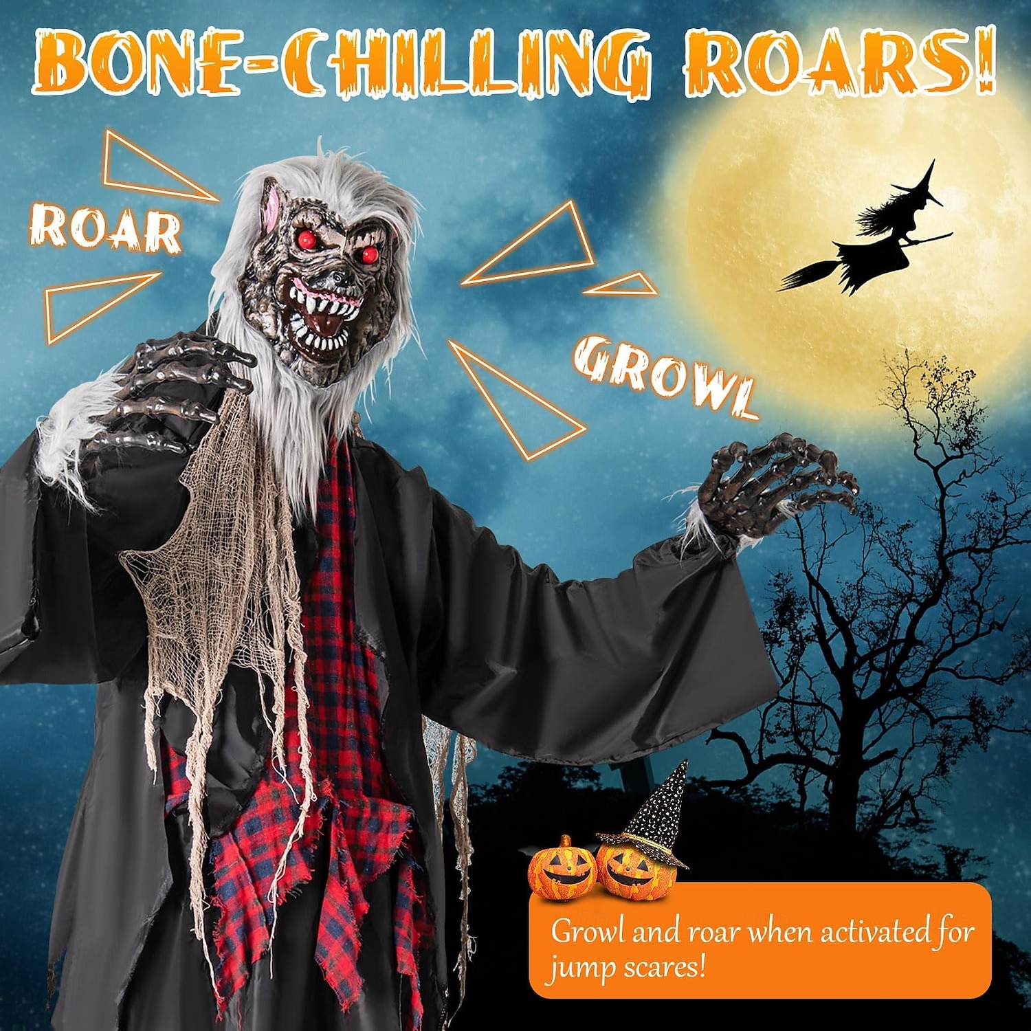 Halloweenská animatronika, zvukem aktivovaný vlkodlak se zářícíma očima a děsivými zvuky, obří animovaná venkovní halloweenská dekorace, pánský doplněk 2025 - $251.09 –P3