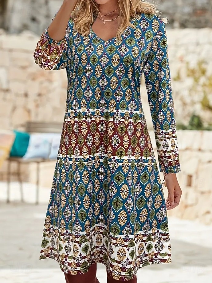 Pentru femei Rochie Mini Rochie casual Rochie de Vară Rochie A line Boemia Epocă Stilat Plajă Fit regulat Grafic Geometric Abstract Manșon Lung În V Trifoi Vară Primăvară Toamnă 2025 - $26.99 –P2