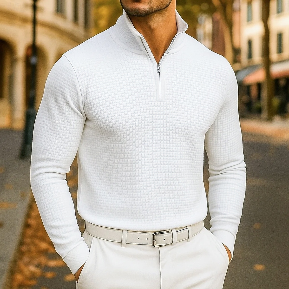 Herr Våffelpikétröjor Quarter Zip Polo Utomhus Casual Fjärdedels blixtlås Långärmad Mode Modern Ensfärgat Stickat Vår Höst Vår & Höst Vit Blå Orange Våffelpikétröjor 2025 - $27.99 –P4