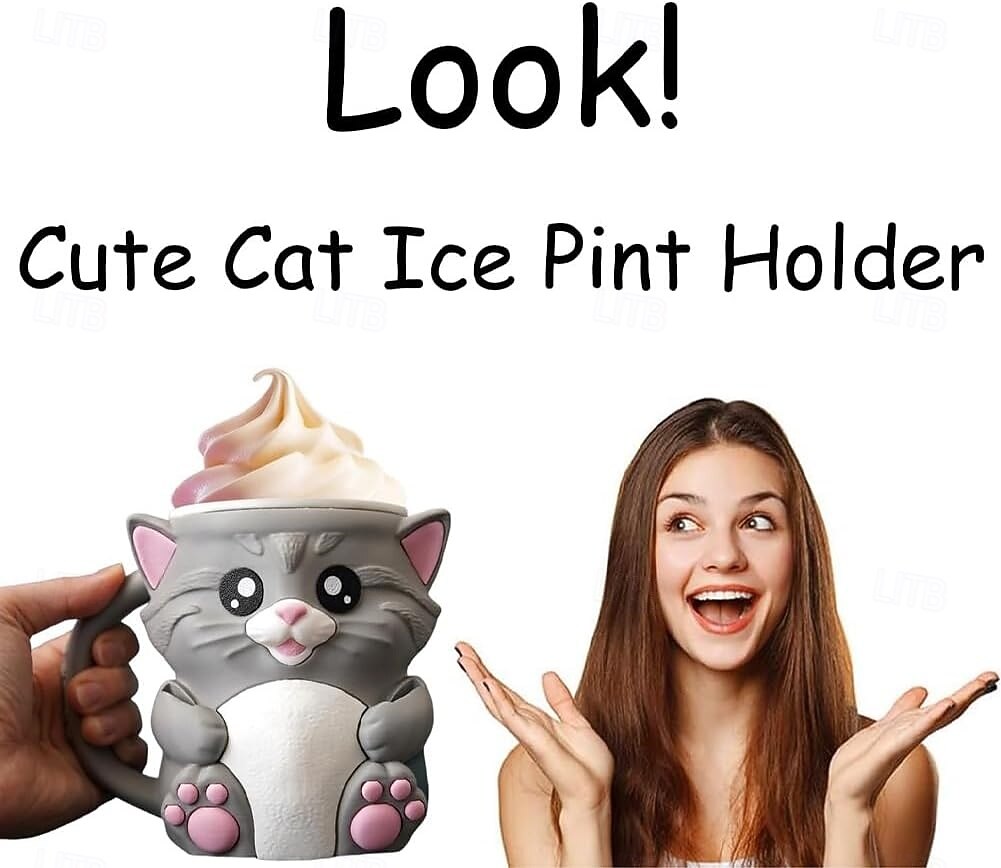 מחזיק קרח של Cuddles the Cat עם 2 כפיות, מעמד לחצי גלידה, מכיל 473 מ"ל/16 אונקיות של גלידה, מיכלי גלידה רב פעמיים, מחזיקי ארטיקים, מתנות אידיאליות לאוהבי חתולים 2025 - $33.99 –P8