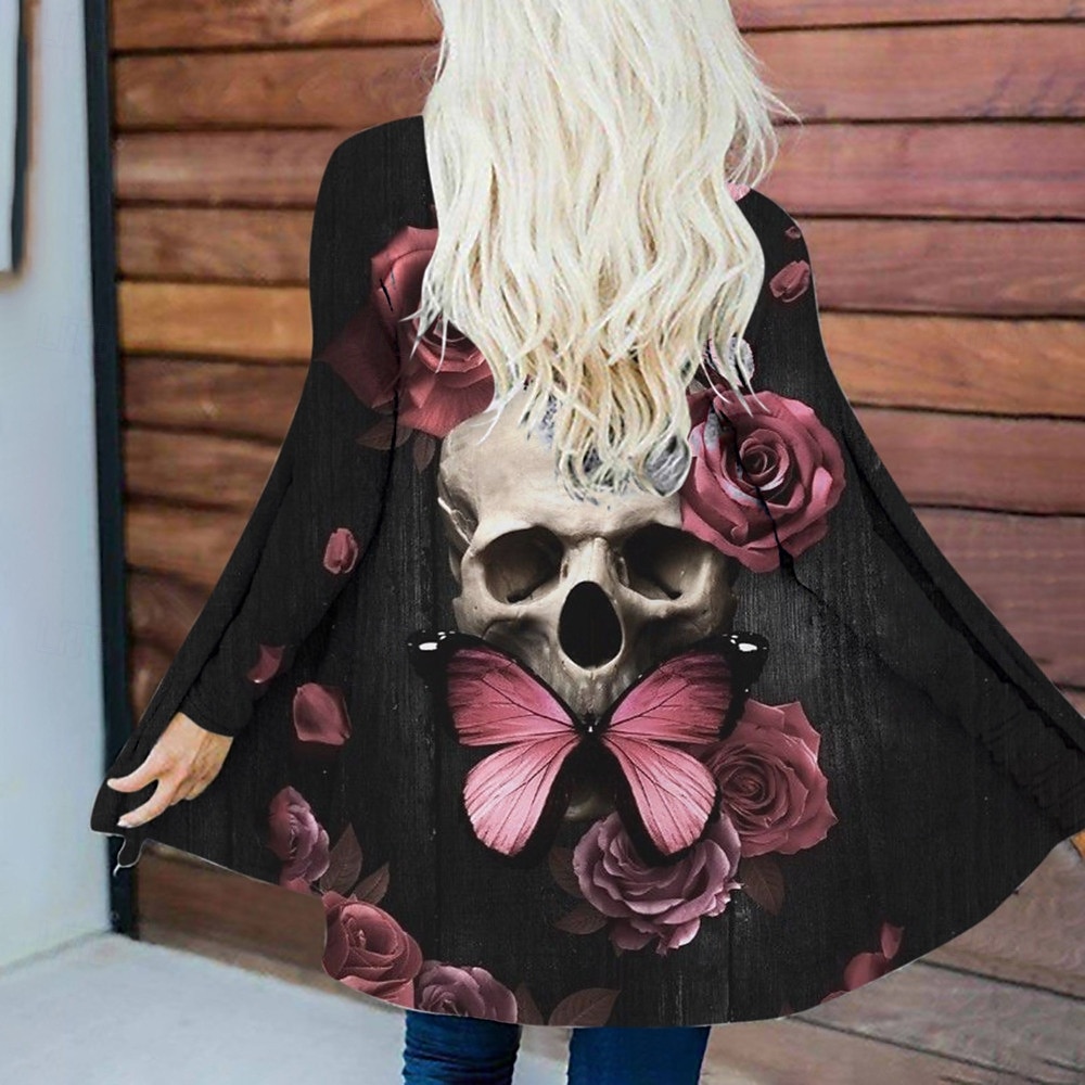 Jaqueta Casual Feminina Quente Confortável Crânios Barra Irregular Frente Aberta Elegante Vintage Moderna Floral Rua Casual Athleisure Diário Sem Colarinho Manga Longa Roupa Externa Cinza Rosa Preto de 2026 por $28.99 –P3