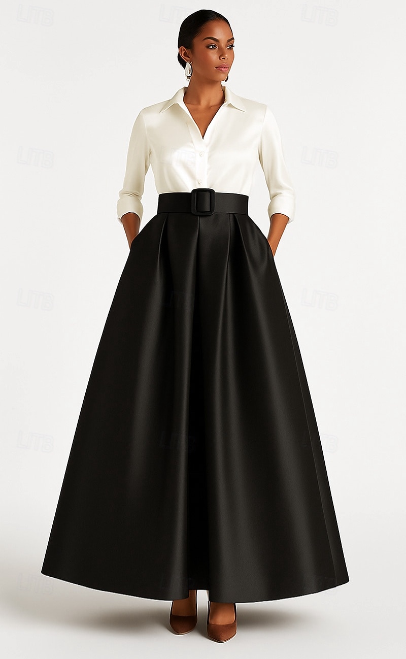 abito da sera a trapezio bianco e nero elegante abito formale da sposa lungo fino al pavimento manica a 3/4 colletto camicia in raso elasticizzato con pieghe 2025 del 2025 a $149.99 –P1