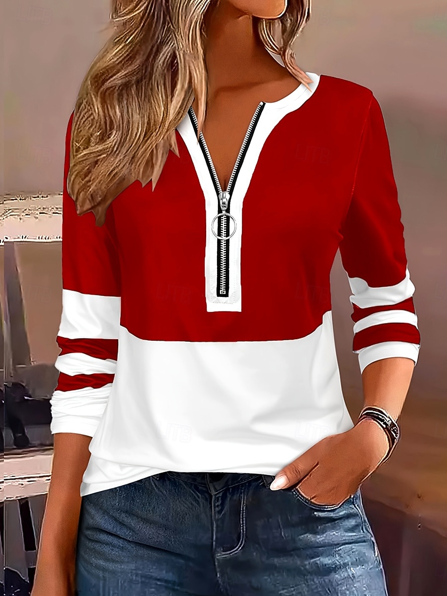 Women's T shirt Long Sleeve Graphic Color Block Striped Elegant Vintage Stylish Long Sleeve V Neck Regular Tops Daily Weekend Zipper Print Black Red Royal Blue Spring Fall Prefall 2025 - $23.99 –P1
