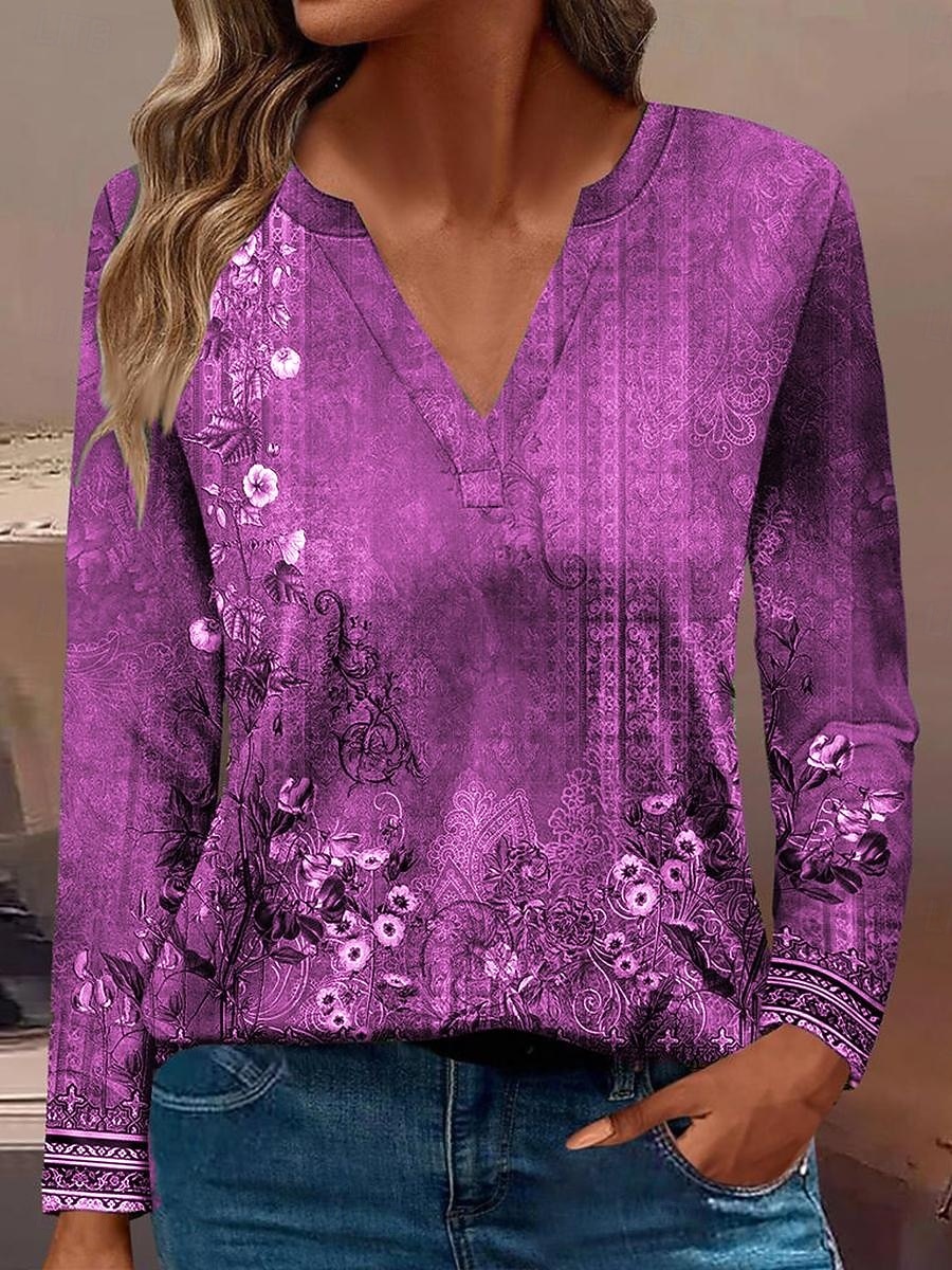 Femmes T-shirt Fleuri Occasionnel manche longue Encolure en V Hauts Réguliers Quotidien Boutons Imprimé Rouge Bleu Violet Vert Printemps Automne de 2025 ? $27.99 –P3