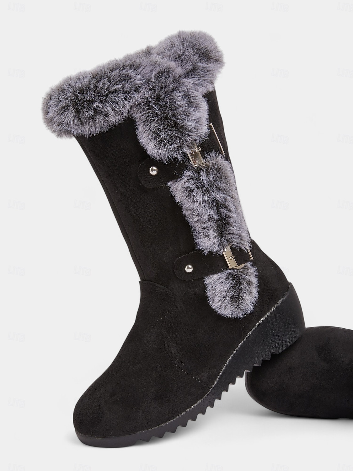 מגפי חורף שחורים לנשים עד אמצע השוק - מגפי שלג עם בטנת פרווה רכה, עקב טריז נגד החלקה, נעלי טרקים וטיולים חמות 2026 - $36.99 –P3