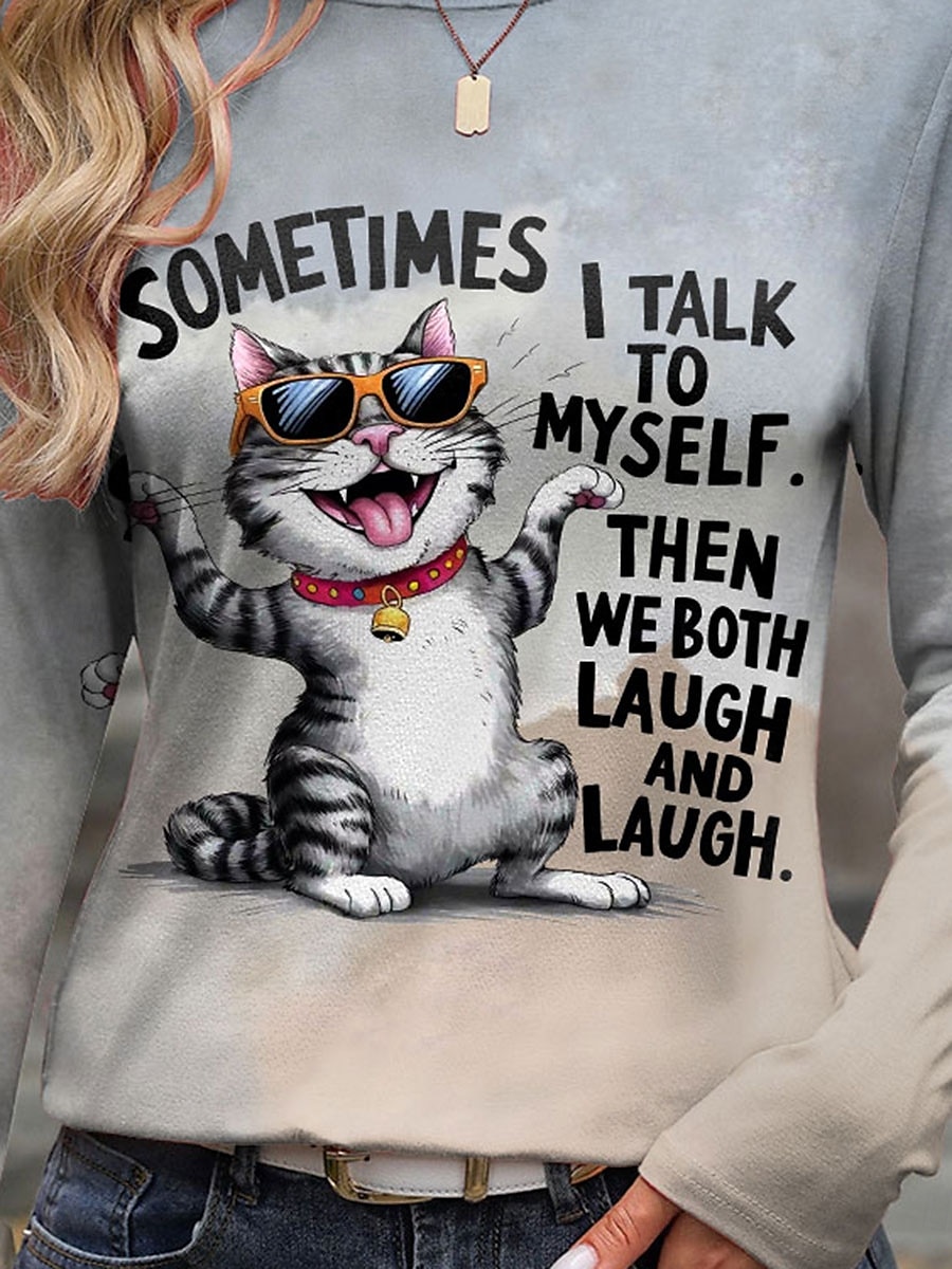 T-shirt da donna a maniche lunghe grafica animale gatto vintage moda elegante a maniche lunghe a collo rotondo regolare top quotidiani stampa grigia primavera autunno pre-autunno del 2026 a $24.99 –P3