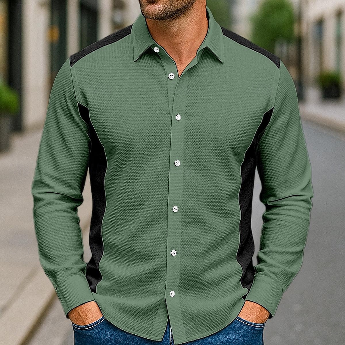 Herren Hemd Freizeithemd Knopfhemd Waffelstrickhemd Weiß Blau Orange Grün Langarm Einfarbig Revers Urlaub Halloween Patchwork Bekleidung Mode Lässig Bequem 2025 - $23.99 –P6