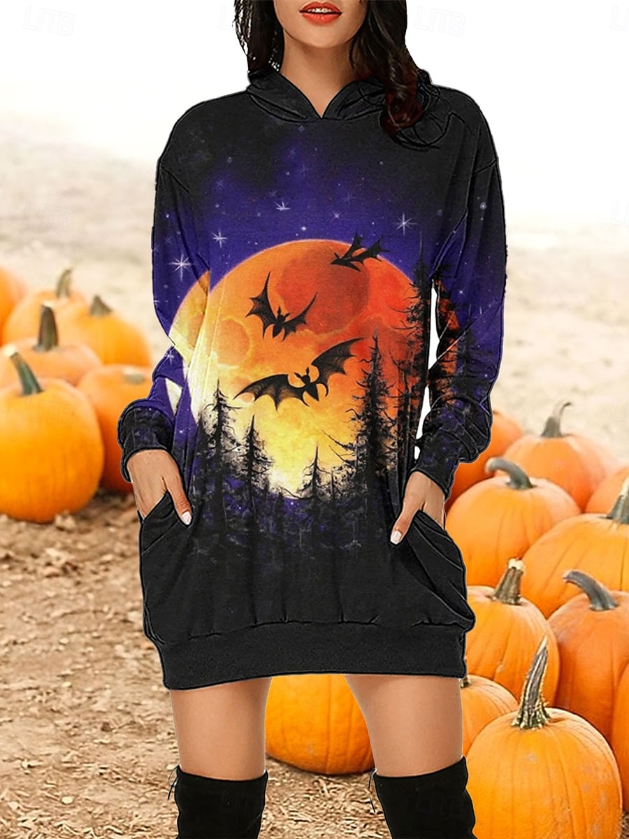 Robe Sweat à Capuche Femme Halloween Imprimé Citrouille Mini Robe Robe Tunique Décontractée Vacances Week-end Coupe Lâche Graphique Citrouille Manches Longues Capuche Noir Violet Orange Gris Automne de 2025 ? $27.99 –P3