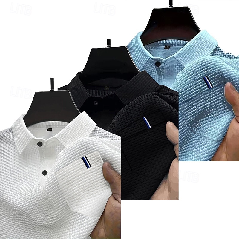 Multi-pakketten 3 stuks Voor heren Revers Korte Mouw Wit+Zwart+Blauw Ice Silk seersucker polo Polo's met knopen Golfshirt Jacquard Effen Vakantie Alledaagse kleding Polyester Zomer 2026 - $48.99 –P3