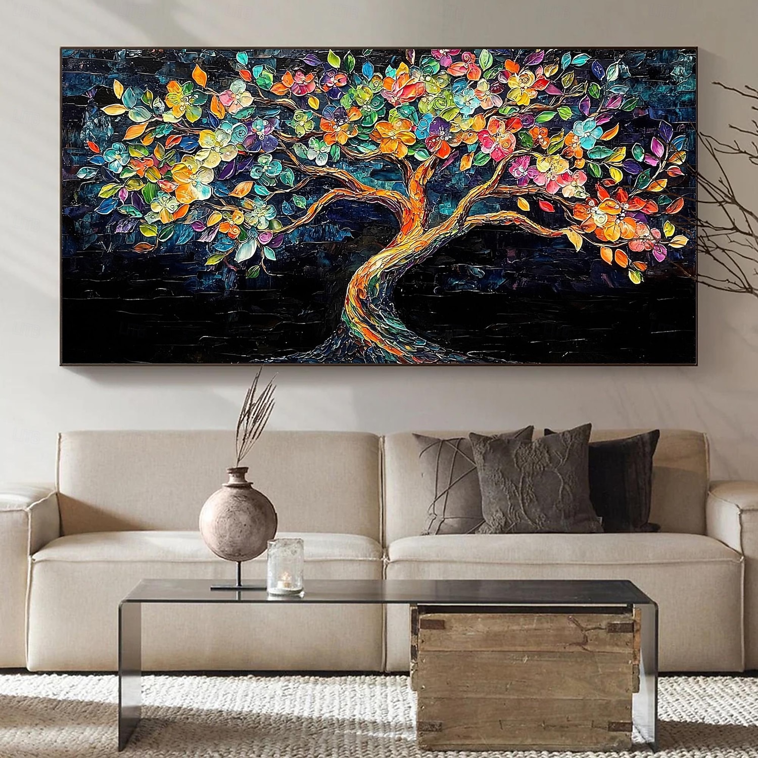 2025年 手作りのオリジナルのカラフルな咲く木の油絵、キャンバスの壁、抽象的な生命の木の絵画、家の装飾用、枠張り付き/内枠なしの絵画  コレクション – $100.99 –P4