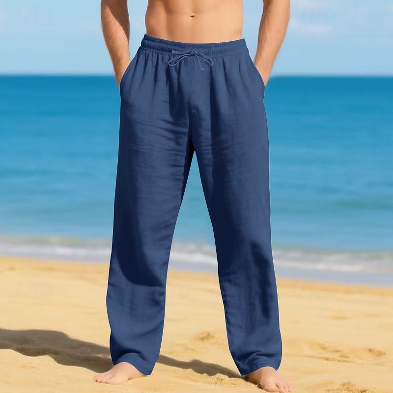 Men's Linen Pants Trousers Summer Pants Beach Pants Drawstring Elastic Waist Straight Leg Plain Comfort Breathable Full Length Casual Daily Beach Vacation Fashion White Sky Blue 2026 - $22.99 –P9