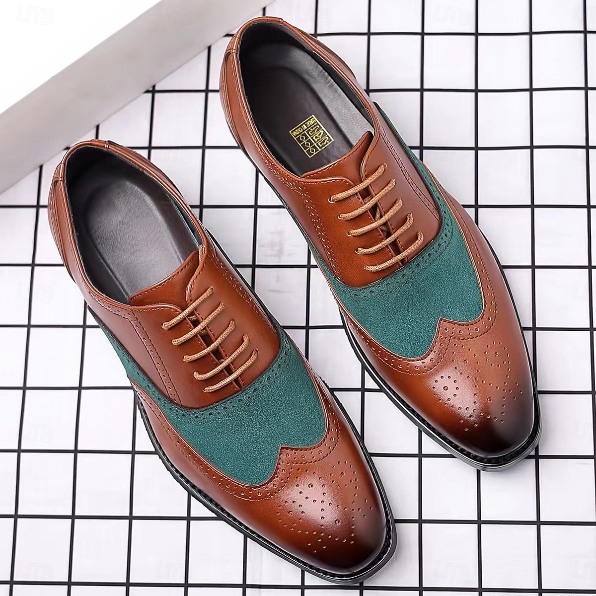 Sapatos oxford masculinos bico fino bicolor marrom e verde – brogues estilosos de couro sintético para looks casuais elegantes de 2025 por $42.99 –P3