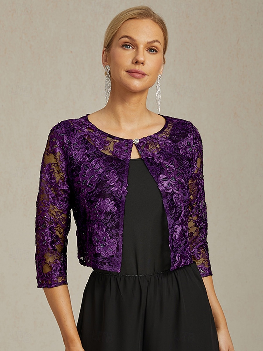 veste blazer femme dentelle brodée paillettes ouvert devant élégant floral formel anniversaire fête mariage invité ouvert devant court col rond coupe régulière manches 3/4 vêtements d'extérieur de 2025 ? $59.99 –P7