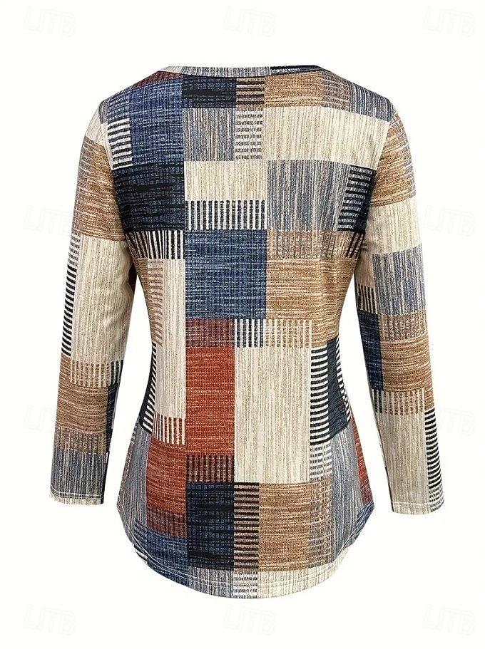Femmes T-shirt Graphique Géométrie ancien Élégant Classique manche longue Col en V Hauts Réguliers Quotidien Découpé Imprimé Kaki Printemps Automne de 2025 ? $22.99 –P3