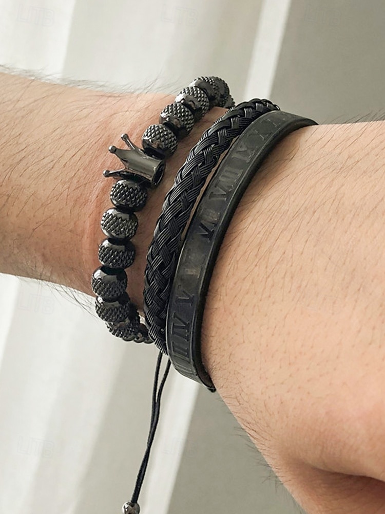 set di bracciali da uomo in acciaio inossidabile dorato: bracciale a 3 pezzi con corona di perline, polsino intrecciato e bracciale con numeri romani per abiti alla moda, feste e occasioni speciali del 2025 a $18.99 –P10