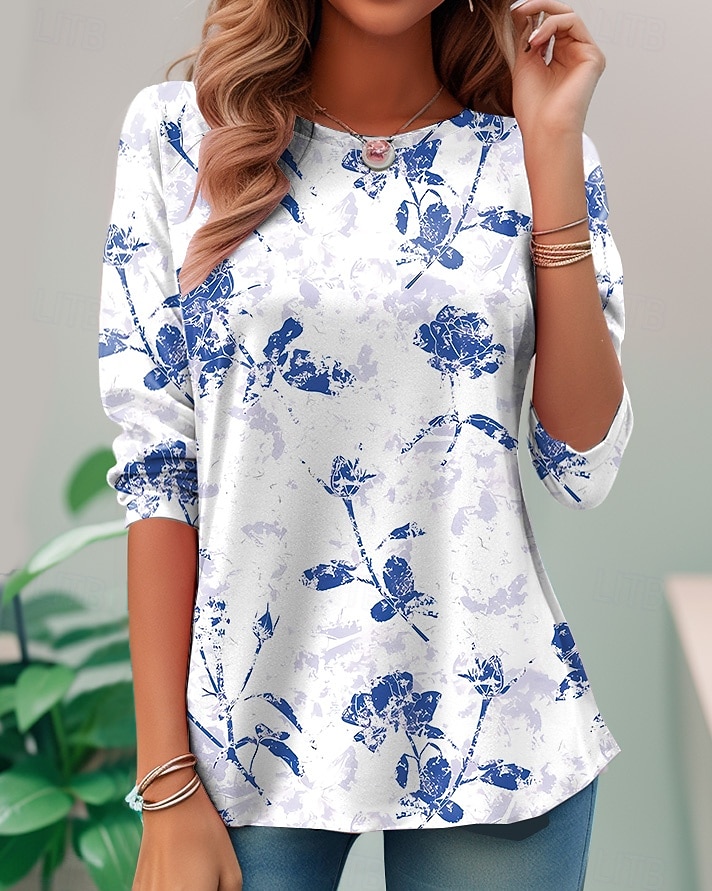 Dames T-shirt Afdrukken Bloemig Grafisch Planten Vintage Modieus Stijlvol Lange mouw Strakke ronde hals Normale tops Dagelijks Weekend blauw Zwart Blozend Roze Paars Groen Zomer Lente Herfst 2026 - $24.99 –P12