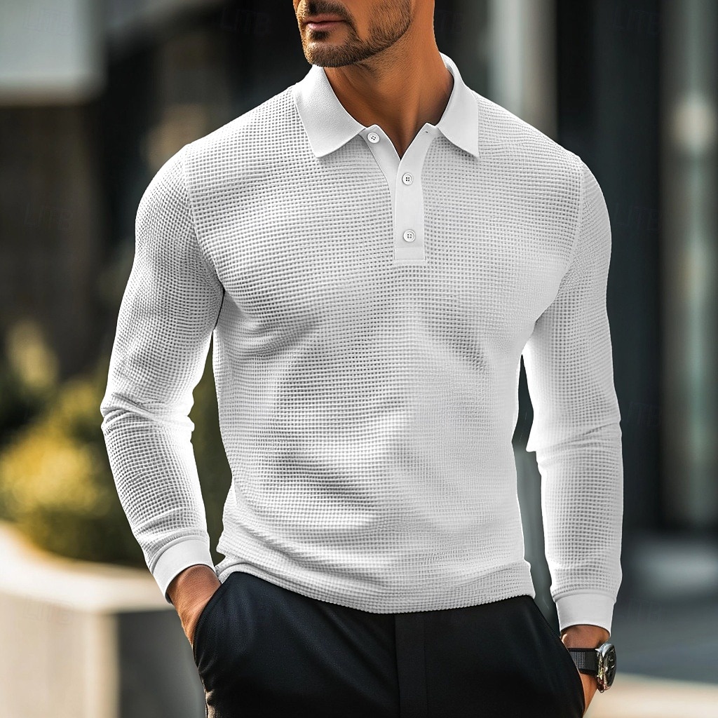 Herren Waffel-Poloshirts Golfshirt Straße Lässig Revers Langarm Basic Modern Einfach Texture Knöpfe Frühling Herbst Ganzjahres Normale Passform Weiß Schwarz Gelb Hellblau Burgunderrot Grau 2025 - $18.99 –P4