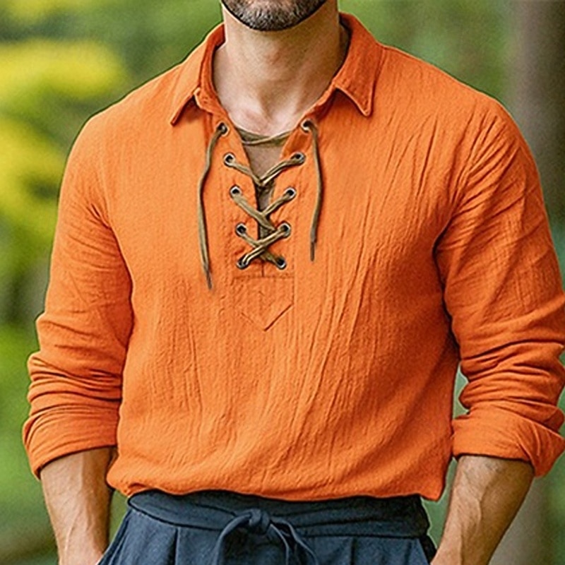 Herren Hemd Leinenhemd Wikinger-Stil Sommerhemd Strandbekleidung Einfarbig Urlaub Straße Weiß Orange Grün Leicht Blau Langarm Kragenlos Bekleidung 2025 - $25.99 –P7
