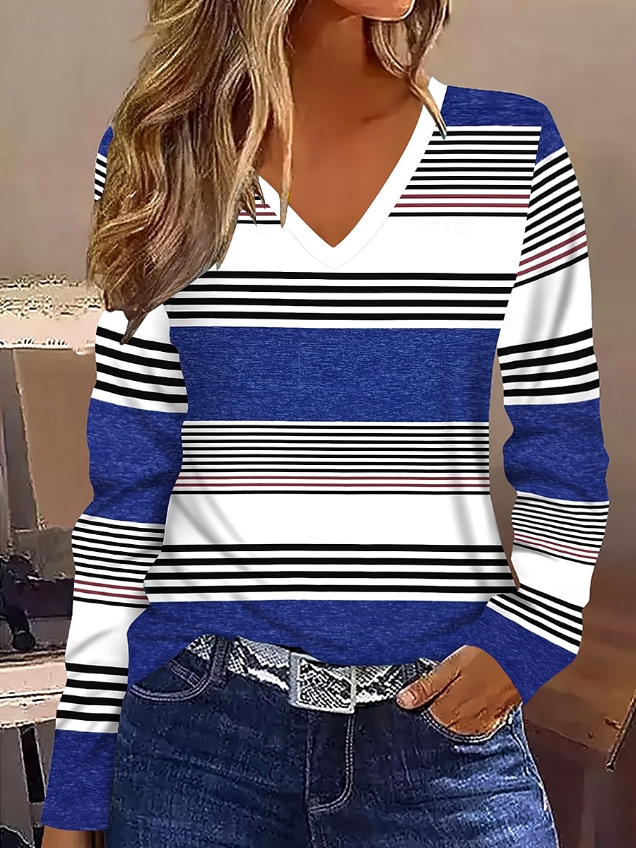 Dam T-shirt Långärmad Grafisk Geometrisk Randig Vintage Stilig Klassisk Långärmad V-ringad Regula Tops Dagstryck Kungablå Himmelblå Vår Höst Vinter Förvår 2026 - $24.99 –P4
