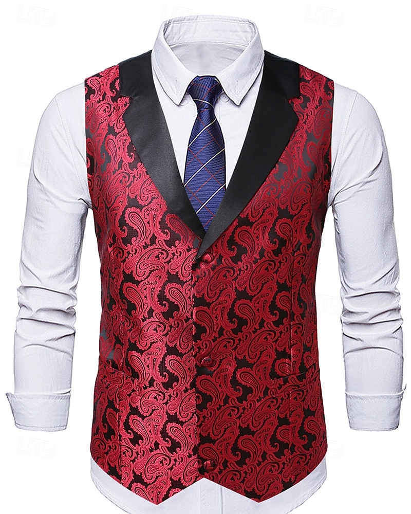 Homme Gilet Vacances Soirée Affaires Mode Occasionnel Printemps Automne Avec Poches Boutons Polyester Confortable Paisley Droit 1 bouton Revers en Pointe Coupe régulière Rouge Gilet de 2026 ? $37.99 –P2