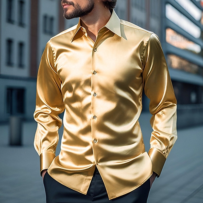 Men's Shirt Silk Like Satin Shirt Dress Shirt Casual Shirt Button Up Shirt Plain Streetwear Wedding Yellow Red Navy Blue Gray Long Sleeve Lapel Spring &  Fall All Seasons Clothing Apparel 2026 - $22.99 –P1