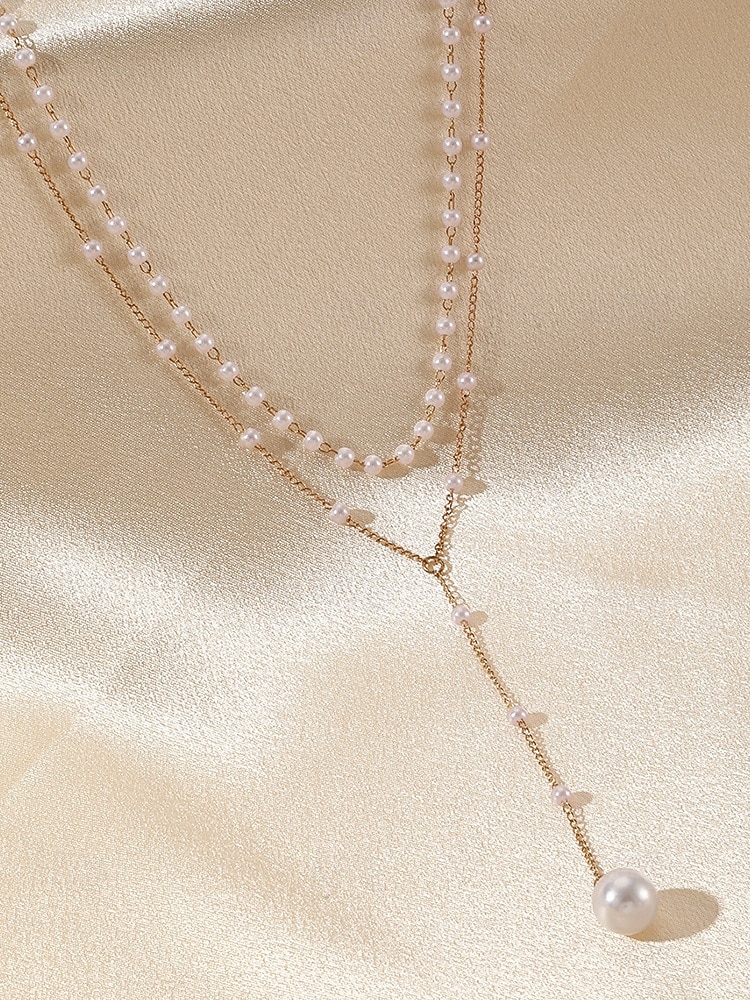 Collar con colgante de perlas en capas para mujer: elegante cadena de aleación en tono dorado con detalles de perlas de imitación para eventos formales, bodas y fiestas nocturnas. 2026 - $11.99 –P6