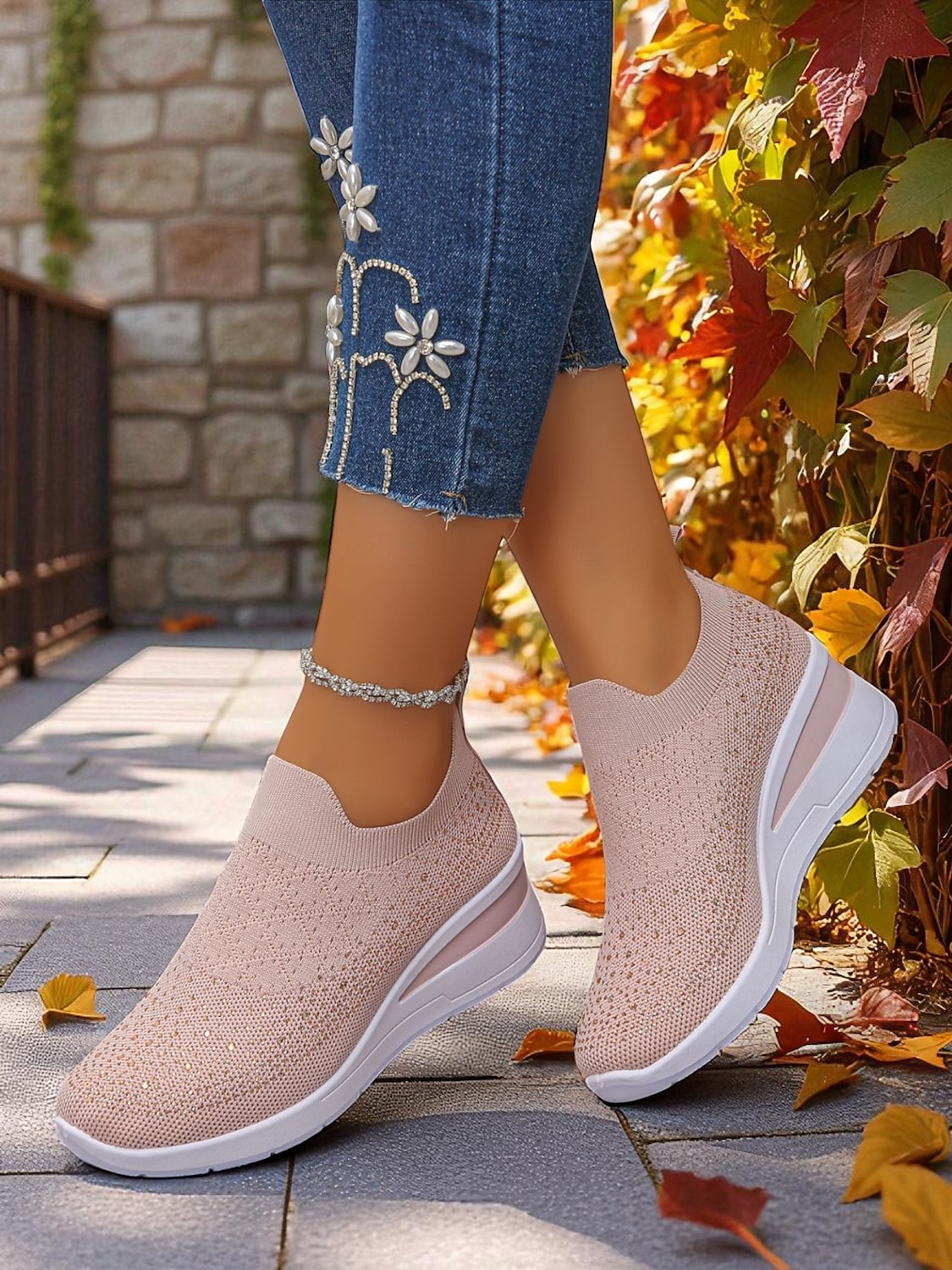 Pinke Flyknit-Slip-On-Sneaker mit Strasssteinen für Damen – atmungsaktive, leichte Keilschuhe zum Spazierengehen, für Fitness und den lässigen Alltag 2025 - $24.99 –P5