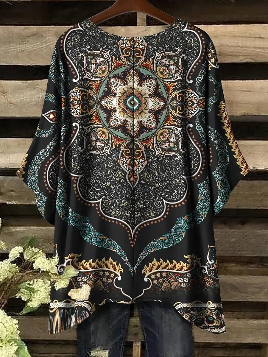 Жен. Блуза Ассиметричный Графика Геометрический принт Винтаж Повседневные На каждый день Рукав до локтя Летучая мышь Вырез под горло Обычные топы Повседневные Праздники Одежда для пляжа 2026 - $26.99 –P12