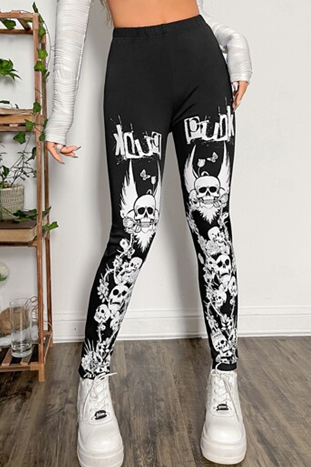 Legginsy damskie na wakacje vintage mody pełna długość wysoki stan grafika czaszki miękka oddychająca rozciągliwa na zewnątrz wakacyjna ulica czarna biała czarno-biała wiosna jesień zima slim fit 2026 - $21.99 –P8