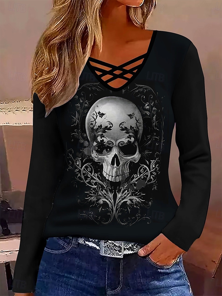 Halloween Femmes T-shirt Graphique Crâne Halloween ancien Élégant Classique manche longue Col en V Hauts Réguliers Quotidien Cravate Imprimé Noir Automne Hiver de 2025 ? $22.99 –P1