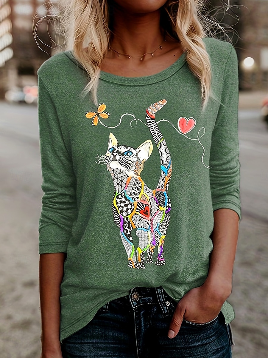 Γυναικείo T-shirt Μακρύ Μανίκι Λουλουδάτο Γραφικό Γάτα Vintage Στυλάτο Κλασικό Μακρύ Μανίκι Crew Neck Κανονικά Top Ημερήσια Εκτύπωση Μαύρο Μπλε Πράσινο Άνοιξη Φθινόπωρο Προφθινόπωρο 2026 - $24.99 –P1