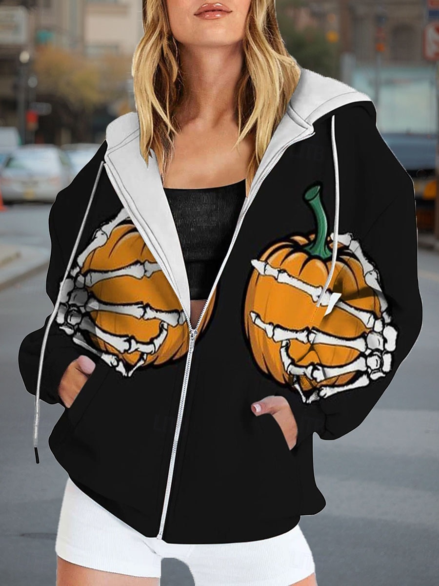 Moletons femininos com zíper para Halloween, estampa de abóbora, moda casual, manga comprida, com capuz, blusas regulares, moda urbana, uso diário, bolso com zíper, estampa, preto, amarelo, laranja, de 2025 por $26.99 –P3