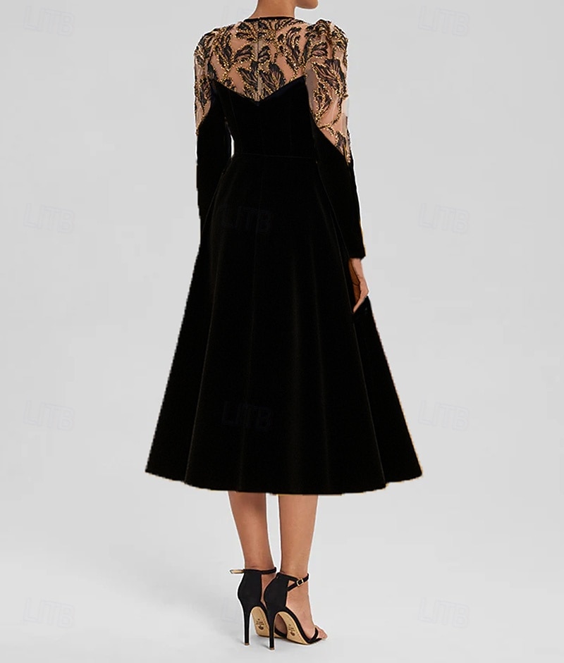 Abiti da cocktail in velluto elasticizzato nero con applicazioni in pizzo ricamato a trapezio, eleganti, formali, da sposa, lunghezza tè, maniche lunghe, girocollo, 2025 del 2025 a $145.99 –P3