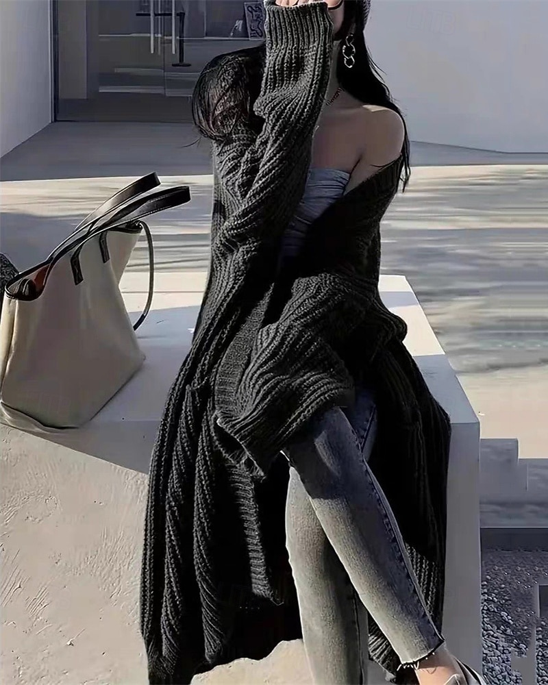 Naisten Neulos Neule Muoti Katutyyli Vapaa-aika Puhdas väri Joustin Avoin etuosa Tasku Kudottu Pitkähihainen Pitkät topit Neuloa ulko- Päivittäin Viikonloppu Viininpunainen Musta Syksy Talvi 2025 - $13.99 –P2