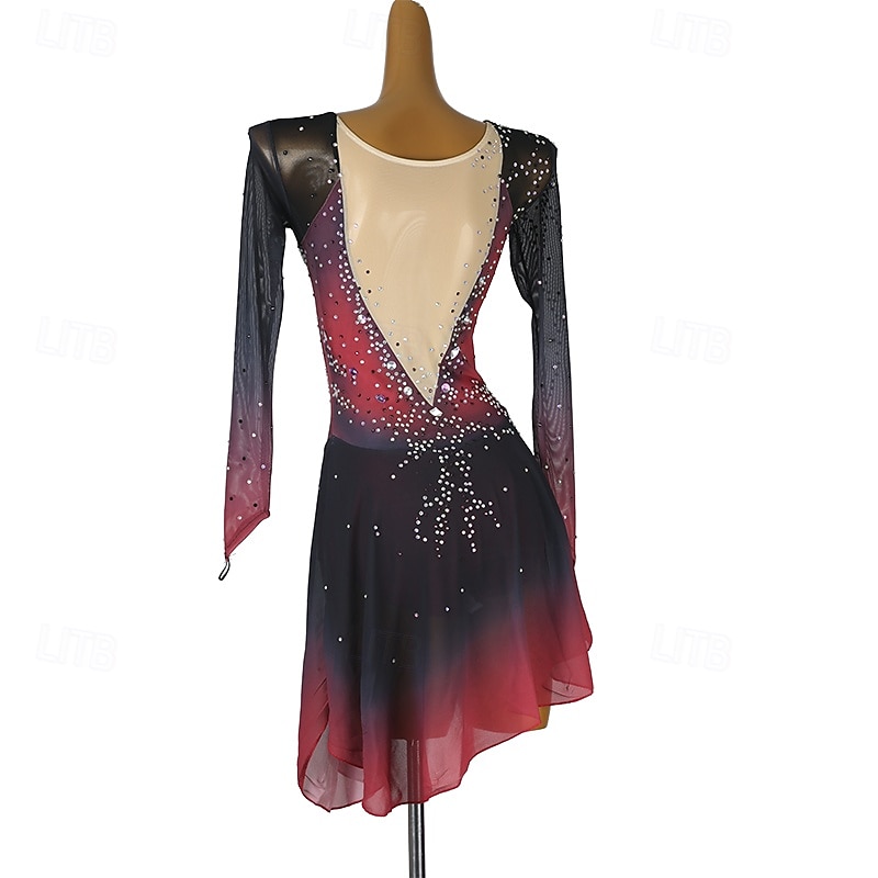 Kunstschaatsjurk Dames Voor meisjes Schaatsen Jurken Zwart / rood Lapwerk Open achterkant Netstof Spandex Hoge Elasticiteit Opleiding Oefenen Professioneel Kunstschaatskleding Klassiek Kristal 2025 - $229.49 –P5
