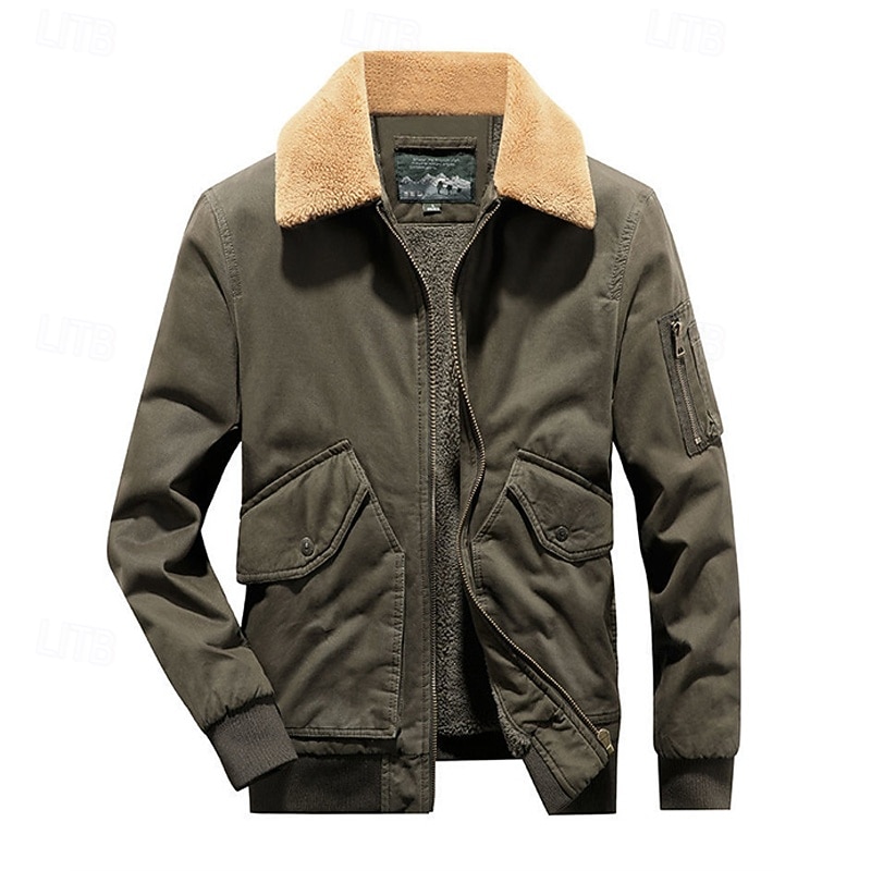 Men's Winter Jacket Bomber Jacket Fleece Jacket Vacation Daily Thermal Warm Pocket Fleece Winter Plain Fashion Streetwear Lapel Regular Black Khaki Army Green Jacket 2026 - $57.99 –P4