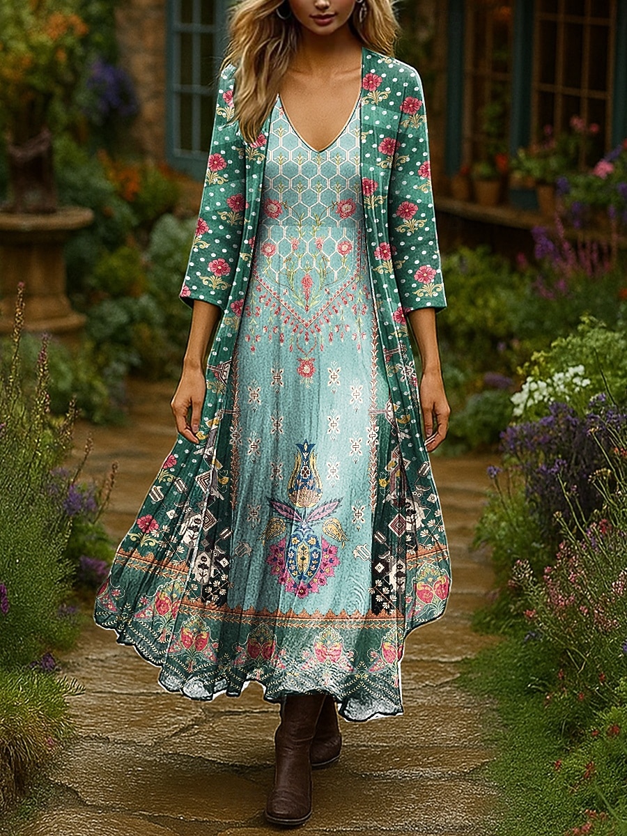 Dam Klänning Set Maxiklänning A linjeklänning Sommarklänning Semester Boho Nyans Blommig Multi lager Mönster Maxiklänning 3/4 ärm V-hals Utomhus Dagligen Svart Rodnande Rosa Orange Sommar Vår Normal 2025 - $51.99 –P2