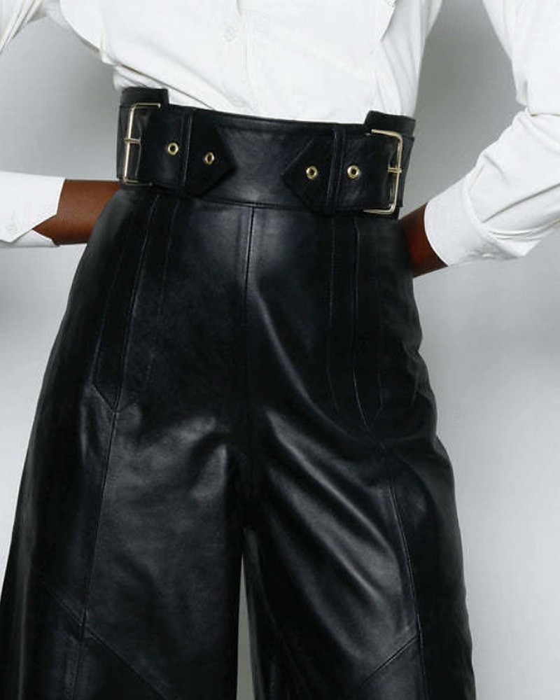 Per donna Gamba larga Pantaloni di pelle Streetwear Casual Lunghezza intera Naturale Semplice Tasca Elastico in vita Confortevole All'aperto Vacanza Ferie Nero Verde militare Autunno Vestibilit del 2025 a $32.99 –P6