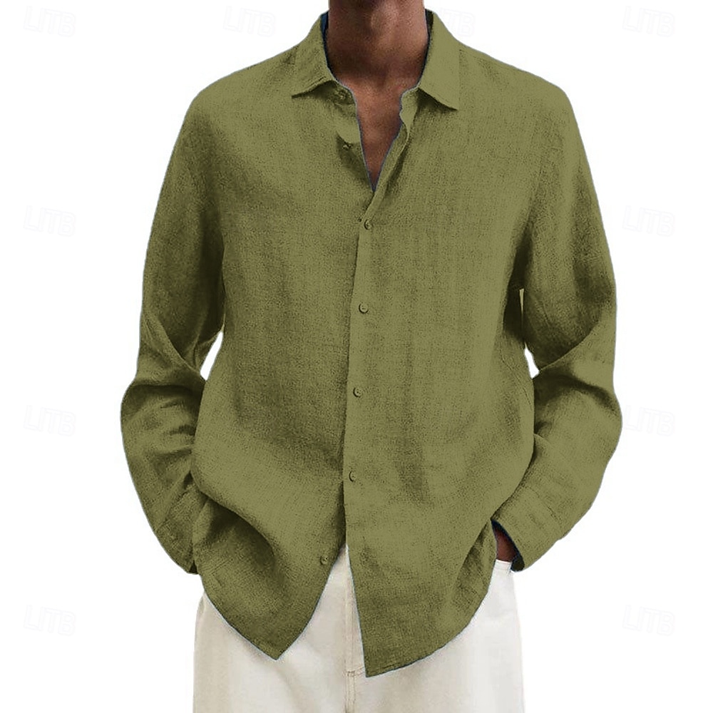 Camicia da uomo in cotone e lino, nera, rosa, blu navy, manica lunga, tinta unita, stile turndown, abbigliamento da vacanza, abbigliamento in poliestere, moda casual del 2025 a $19.49 –P6