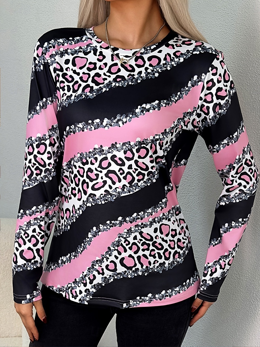 Women's T shirt Long Sleeve Graphic Leopard Geometric Vintage
