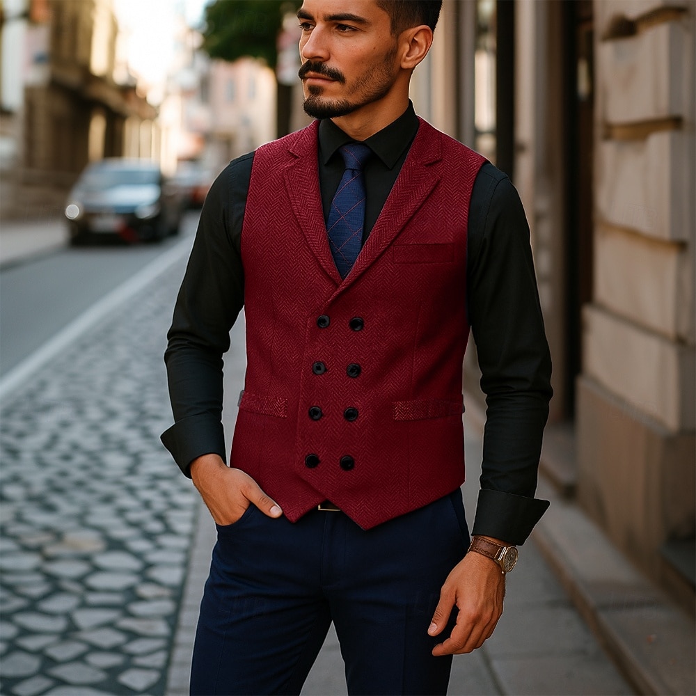 Herre سترة Veste Feriereise Daglig Bryllupsfest Stevnemøte Årgang Mote Vår Høst Lomme Knapper Polyester Tweed Bekvem عادي Fiskebein Dobbeltkneppet Hakkjakkeslag Normal Burgunder kaffe Grå Vest 2025 - $35.99 –P15