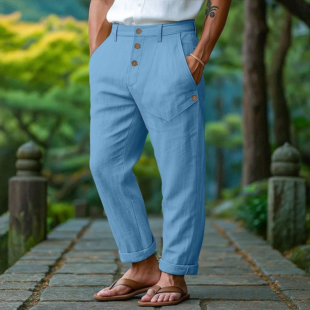 Męskie Lniane spodnie Spodnie Letnie spodnie Przednia kieszeń Prosta noga Równina Komfort Oddychający Pełna długość Na zewnątrz Codzienny Święto Urlop Moda Biały Niebieski Nieelastyczny 2026 - $28.99 –P9