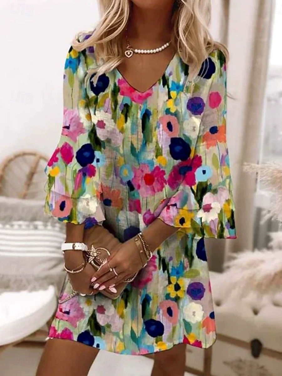 Per donna Mini Abito Vestito Estivo Vestito Casual Abito a trapezio Vacanza Casual Boho Feste Vestibilità regolare Floreale Grafico Astratto Manica 3/4 Scollo a V Magenta Blu inchiostro Arancione del 2026 a $41.99 –P3