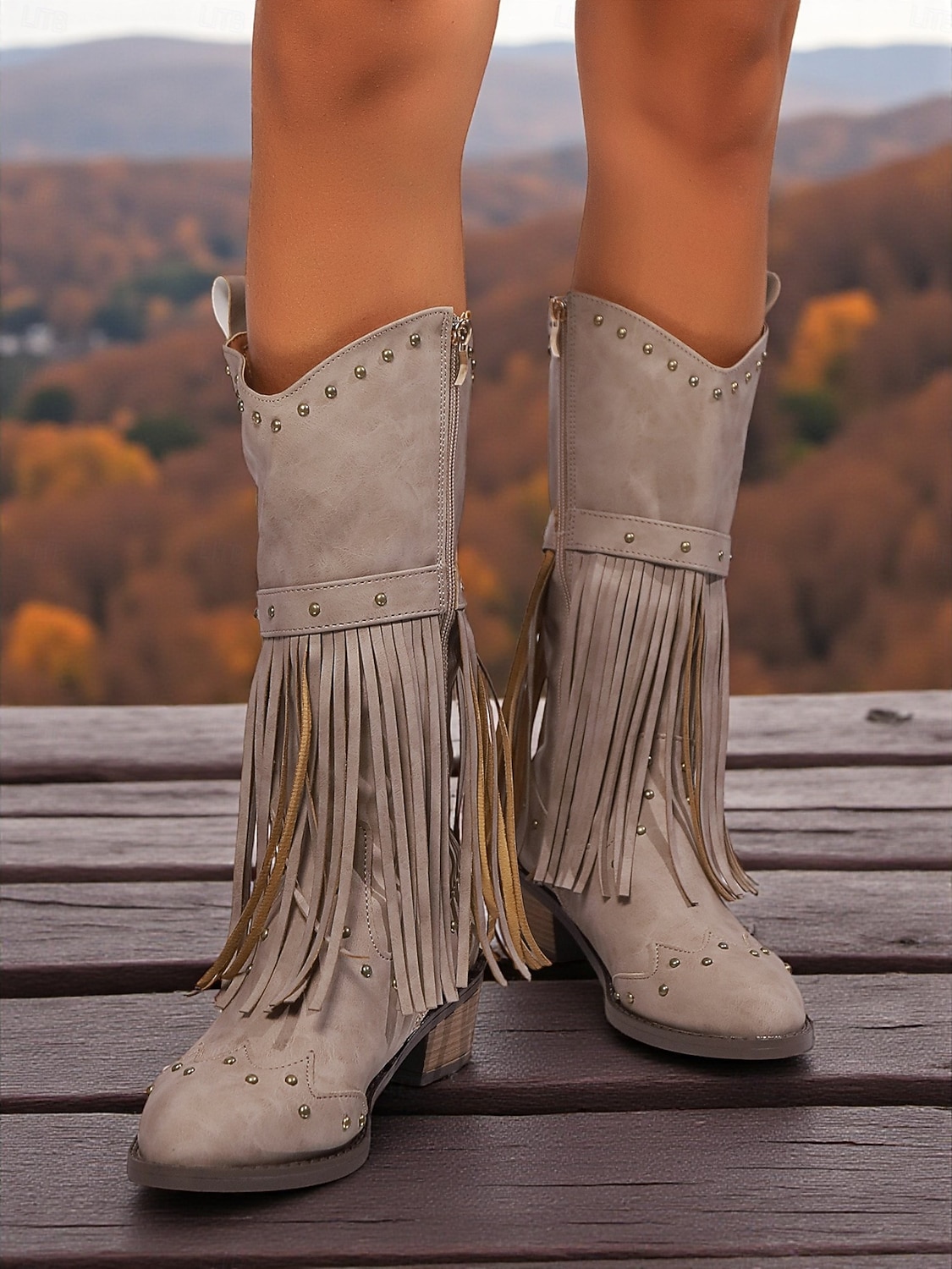 Γυναικείες καφέ μπότες μέχρι το γόνατο με κρόσσια από τεχνητό δέρμα, λεπτομέρειες με τρουκς και χαμηλά τακούνια, μποέμ παπούτσια σε στιλ καουμπόι γουέστερν 2026 - $54.99 –P2