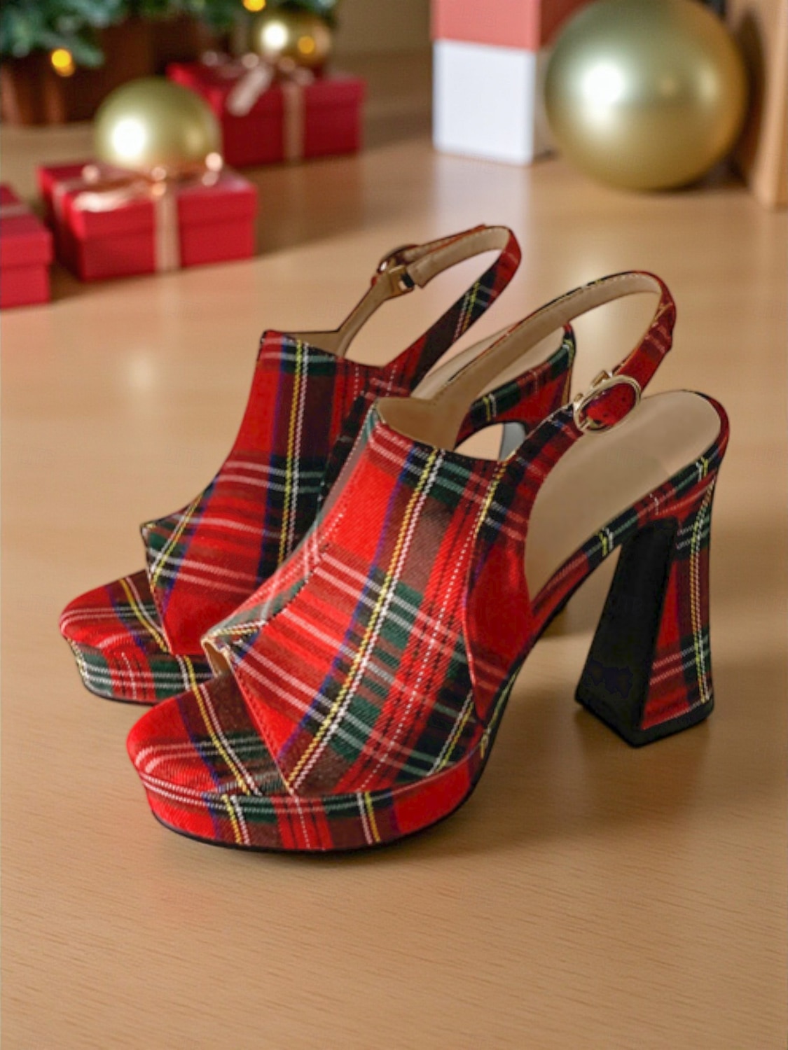 Damensandalen mit rotem Schottenmuster und Plateauabsatz – Peeptoe-High-Heels mit dicker Sohle für das Nachtleben und Weihnachtsfeiern 2025 - $46.99 –P4