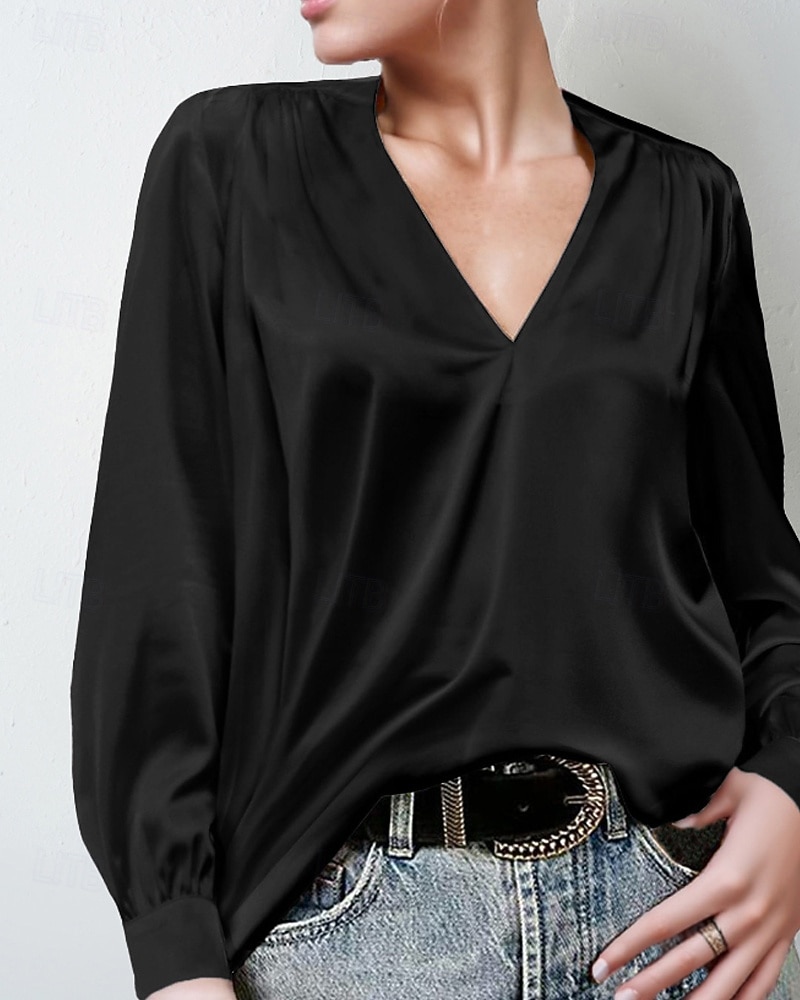 Damen Hemd Bluse Einfach Modern Lässig Langarm V Ausschnitt Normale Oberteile Täglich Ferien Ausgehen Gerafft Schwarz Weiß Gelb Rosa Wein Herbst 2025 - $25.99 –P3