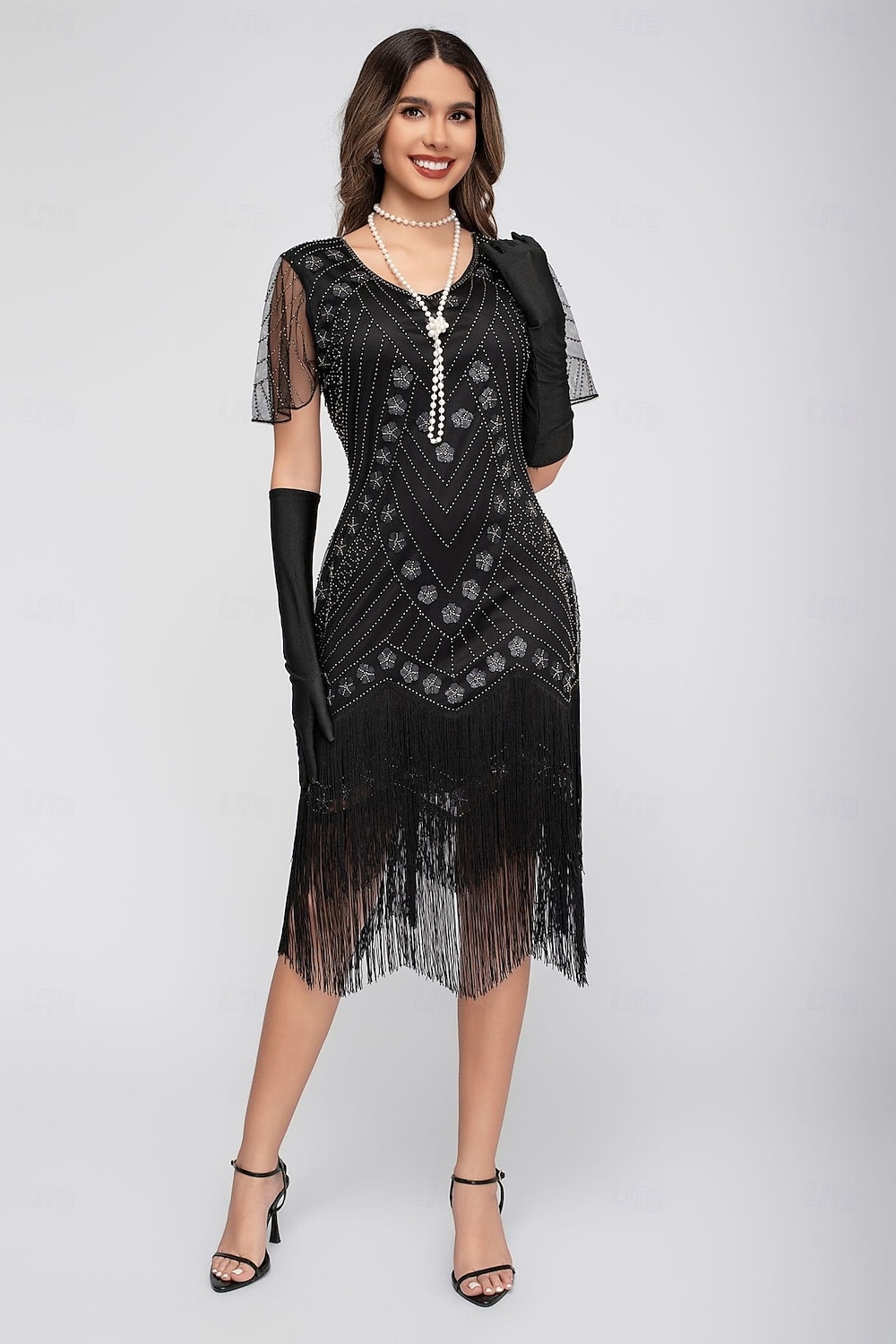 Rugido 20s 1920s Hasta la Rodilla Vestido Flapper Mangas cortas El gran Gatsby Chica de la aleta Lentejuelas Franja Funda Columna Escote en Pico Disfraz Mujer Navidad Carnaval Fiesta de Noche Boda 2026 - $46.99 –P7